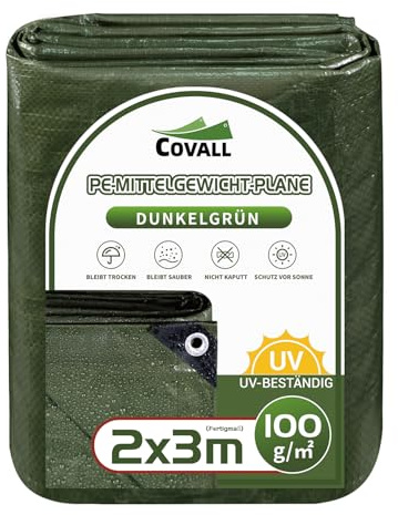 Covall Tarpaulin Waterproof Tarp Medium-Duty Groundsheet Sheet Cover 2x3m with eyelets 100g/m² Green Weatherproof Windproof UV-Resistant Tent Pool Roof Sandbox Boats Truck RV Car tarp