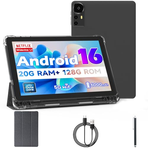 Android 16 Tablet 10 inch Tablets, 20GB RAM 128GB ROM 2TB Expand, 2.0Ghz CPU Octa-Core Processor Tablet PC with Case and Stylus, 5G WiFi6, BT5.0, 6000mAh Battery, Dual Camera, Widevine L1, GMS, Black