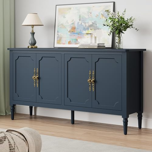SUNVIVI Sideboard Buffet Cabinet with Storage: 58'' Mid Century Modern Crendenza Accent Cabinet, TV Stand with 4 Doors and Adjustable Shelves for Entryway, Kitchen, Living Room, Blue