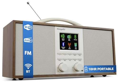 Radio Internet con DAB+ e lettore CD, radio FM, podcast, impianto stereo con subwoofer integrato, Bluetooth abilitato, AUX e USB, doppio allarme, display a LED a colori, MangoKit SR40 (noce)