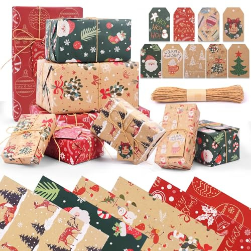 AhfuLife​ 6/12 Hojas Papel de Regalo Navideño, 70x50cm, Kraft Reciclado Incluye 9 Etiquetas 6 Diseños Vintage para Regalos, Decoración de Fiestas de Navidad