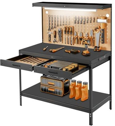 Pterying Work Benches for Garage, Heavy Duty Workbench with Drawers, Lights, Pegboard & 12 Hooks,60OLBS Capacity, Suitable for Tool Organizers and Storage, for Garage, Workshop, Basement,Garden