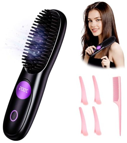 Brosse Lissante Sans Fil, Lisseur Cheveux Portable et Brosse Chauffante 3-en-1 avec Ions Négatifs, Peigne Chauffant Anti-Brûlure pour Travel, Fer à Lisser Rechargeable USB-Noir perle