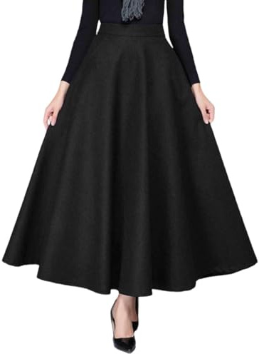 OBASDFD Kjol dam vinter mix midi med elegant utsvängd fåll, mångsidig A-linje outfit för vardaglig festkläder, Svart, XL
