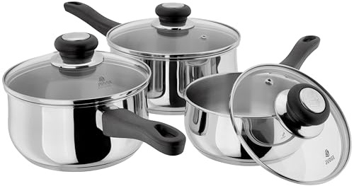 Judge Vista Set of 3 Stainless Steel Pans, 16cm, 18cm & 20cm Saucepans, Shatterproof Vented Glass Lids, Induction Ready, Oven Safe