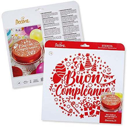Decora 9270930 Stencil decorativo Buon Compleanno Ø 25 Cm, in plastica per alimenti; perfetto per realizzare splendidi disegni su torte, dolcetti e biscotti. Made in Italy.
