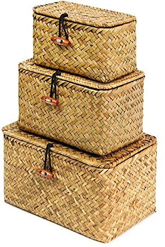 FEILANDUO Shelf Baskets with Lid Set of 3 Handwoven Seagrass Storage Box Wicker Basket Desktop Makeup Organizer Multipurpose Container (Original (S/M/L)