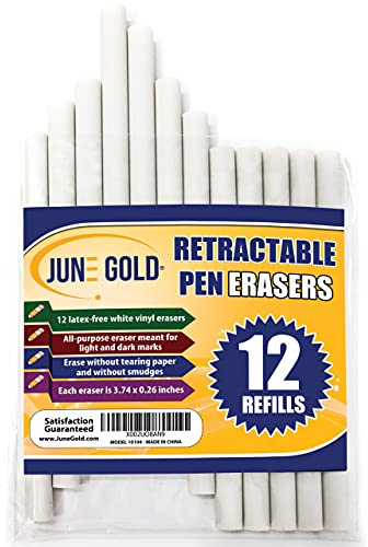 June Gold 12 Pack of Retractable Pen Eraser Stick Refills - Latex-Free, White Vinyl, & Precision Erasing