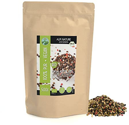 Alpi Nature Poivre Baies en Grain BIO Mélange 500g, Grains de Poivre Entiers Noir, Blanc, Rose et Vert