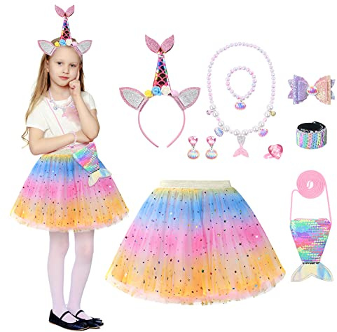ACWOO prinsessa sjöjungfrukostymer, sjöjungfrudräkt klänning prinsessklänningar lyxig sjöjungfru tulle tutu kjol med 9-delade smyckestillbehör, sjöjungfrupaljettoutfit Prinsessan sjöjungfru maskeradkostymer för karneval halloween cosplay födelsedag fest