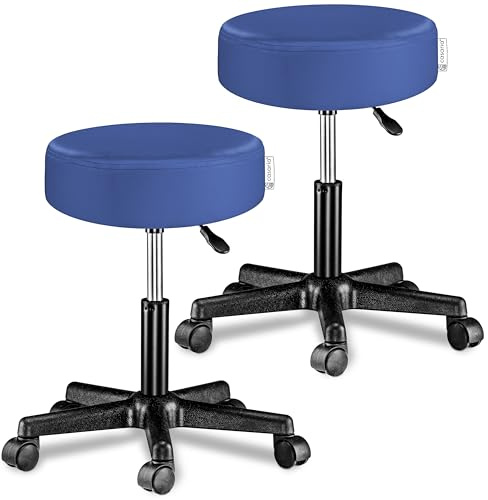 CASARIA® 2X Taburete Oficina Giratorio 360° Redondo Ø 35cm con Ruedas Silla Escritorio Trabajo Altura Regulable 46-60cm Acolchado 10cm Resistente Azul