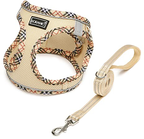 DORAMIO Hundegeschirr Kleine Hunde mit Leine, Step-in Geschirr Reflektierend Atmungsaktiv Brustgeschirr Anti Zug Sicherheitsgeschirr Katzengeschirr für Kleine Hunde, Katzen (Beige, L)