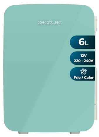 Cecotec Mini Réfrigérateur Bolero MiniCooling 6L Bahamas Mint. Design compact 6 L, polyvalent 12V-220V, refroidit à 5ºC, fonction chauffage jusqu'à 65ºC, silencieux et portable.
