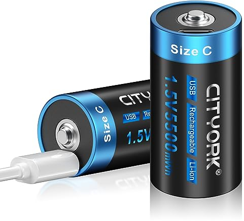 CITYORK Baterías recargables USB C de alta capacidad 1.5 V 5500 mWh C tamaño baterías de iones de litio con cable de carga tipo C – 2 unidades