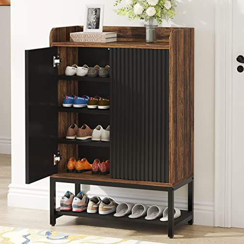 Tribesigns Shoe Cabinet with Doors, 5 Tier Shoe Storage Cabinet for Entryway, Slim Wooden Shoe Organiser for 15-20 Pairs, Dustproof Shoe Rack Cupboard with Metal Legs, Black and Brown