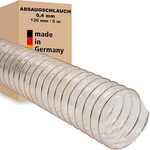 Absaugschlauch 0,4 mm - 130 mm / 5 m transparent für Absauganlage Spiralschlauch schwer entflammbar Stahldrahteinlage Flexschlauch Made in Germany