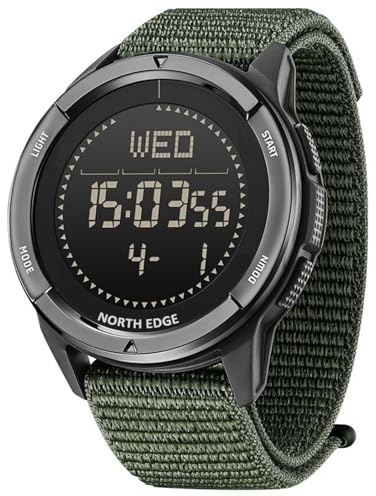 NORTH EDGE Tactical Survival Watch Men Military Watch Men Women Digital Wrist Watch for Outdoor Sports Pedometer Compass Calories Durable Nylon Strap (Green, Nylon)