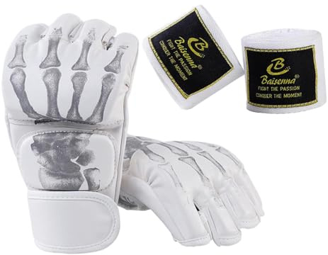 rockible Guanti da Boxe Mezze Dita, Guanti da Sparring, Guanti per Adulti, Palmi Aperti, Fasce per Le Mani, Guanti da Combattimento di Boxe, Guanti MMA per, Scheletro Bianco