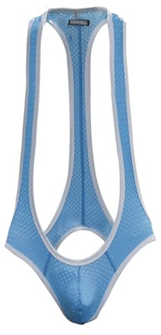 ROSVAJFY Men's Sexy Mesh Jockstrap Thong Leotard Suspender Bodysuit Wrestling Singlet Jumpsuits One-Piece Underwear Breathable Stretch Mankini Costume Beach Swimwear Strap Pouch Lingerie (Blue)