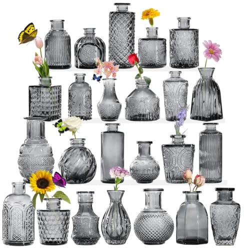 Glass Bud Vases, Set of 24, Mini Flower Vases for Centrepieces, Vintage Bottles for Table Decorations, Wedding Decor, Home, Clear (24, Gray)