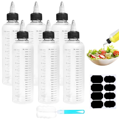 Amentalove 6 Pezzi 250ml Bottiglia Squeeze di Plastica, Biberon Cucina Professionale con Tappo a Vite, Squeeze Bottle, Bottiglia Plastica Bottiglie Dispenser per Liquidi Olio Salsa di Soia Aceto