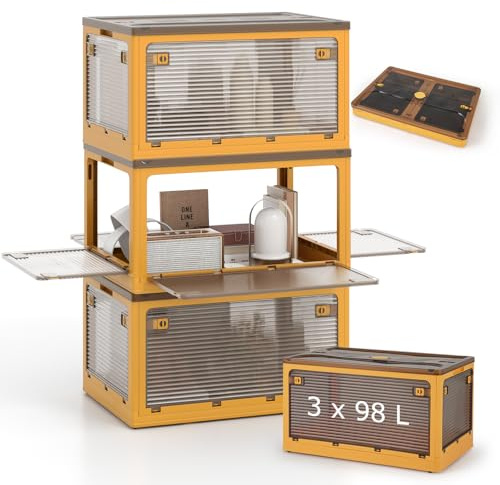 COSTWAY Boîte Rangement Plastique 292L, 3 Caisses de Rangement Pliables avec Petite Roulettes, 5 Côtés Rabattables, Boite Empilable en Plastique pour Jouets, Caisse pour Chambre, Camping (Jaune)