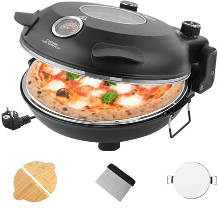 YIBAKE Pizzaofen elektrisch, 1200W Pizzabäcker in 4-Min-Pizza, 31cm Feuerfeste Pizzastein, Max 420℃ Pizzaofen mit 5 Garstufen, inkl. Pizzaschaber & Pizzaschieber, Schwarz