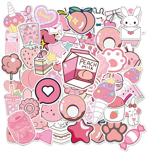 Pink Cute Stickers Pack, 50 Pcs Cute Pack Waterproof Vinyl Stickers Decals Kawaii Sticker Aesthetic Sticker for Scrapbooking for Laptop, Water Bottle, Phone Case for Girls Journaling and DIY Crafting