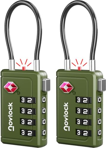 TSA Bagagelås med Alertindikator – 4-siffriga Kombinationslås med Flexibla Kabellås – För Resväskor, Kabinväska, Ryggsäckar, Bagage och Skåp – 2-pack grön
