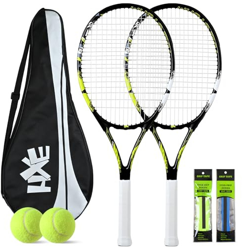 HXE Tennis Rackets for Adults, 2 Player Pre-Strung 27 inch Recreational Tennis Racquet Set for Beginner and Professional with 2 Balls, 2 Overgrips and 1 Carrying Bag