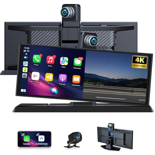 11,3-tums Carplay Android Auto-skärm med stående fäste, 350° roterbar 4K Dashcam Buddy-skärm Bärbar Driveplay-bilradio Dubbla Bluetooth-navigationsenheter Siri Google 64G TF-kort