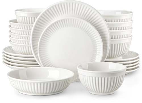 MALACASA 24-Piece Embossed Porcelain Dinner Set for 6, Includes Dinner Plates & Soup Bowls, Chip and Scratch Resistant, Microwave and Dishwasher Safe, Elegant White, Series Leila