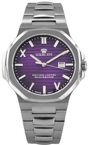LOUIS XVI Renaissance 1626 - Montre pour homme - Étanche - Avec verre saphir - Bracelet argenté - Cadran violet - Mouvement à quartz suisse - Diamètre : 40 mm