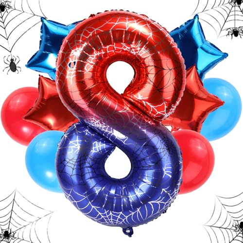 Set Palloncini Compleanno Ragno, Ragnatela Gigante Lamina 120cm e 4pz Stella e 4pz Palloncini Rotondi Rosso-Blu Decorazioni Bomboniere Feste Compleanno Cartone Animato(Numero 8)