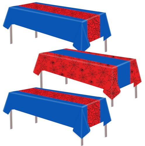 3pcs Spider Birthday Party Table Cover, 54x108in 2 Style Non-Reusable PE Material Water-Proof Spider Theme Tablecloth for Baby Shower Halloween Night Kids Themed Birthday Party Supplies