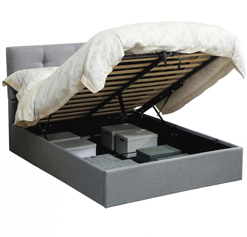 HOMCOM 4ft6 Double Ottoman Bed, Upholstered Storage Bed Frame with Gas Lift, Linen Fabric Tufted Headboard, Wooden Slat Support, Mattress Not Included, Grey