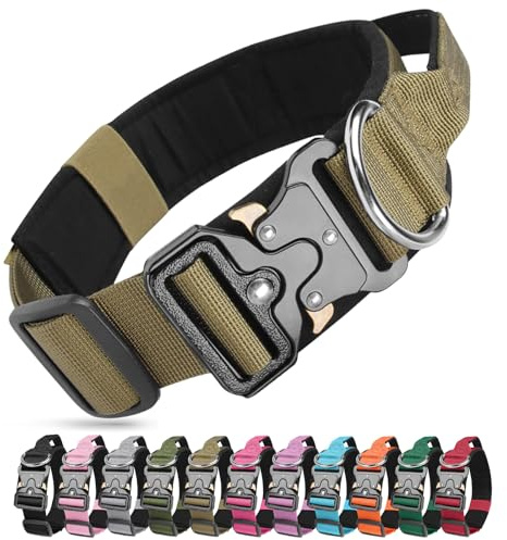 Ledeak taktisk hundkrage, militär nylon justerbar träning hundhalsband med kraftigt metallspänne, bekväma husdjurshalsband med handtag och mjuk vaddering för medelstora hundar (kaki, L)