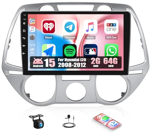 CAMECHO 2G+64G Android 15 Autoradio für Hyundai i20 2008-2012 mit Navi Wireless Carplay Android Auto,Radio 2 Din 9 Zoll Bildschirm mit FM/RDS Bluetooth5.0 Mirror Link+Rückfahrkamera