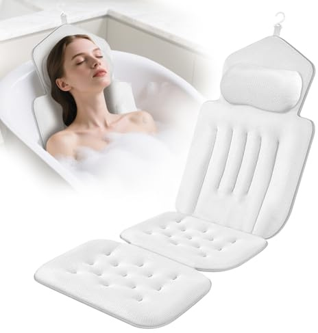 Badkarskudde helkropp badsoffa 134 x 41 cm – badkarsmatta med nackstöd nackstöd och ländryggsstöd, snabbtorkande hudvänlig med dubbel hängkrok för badkar bubbelpool wellness
