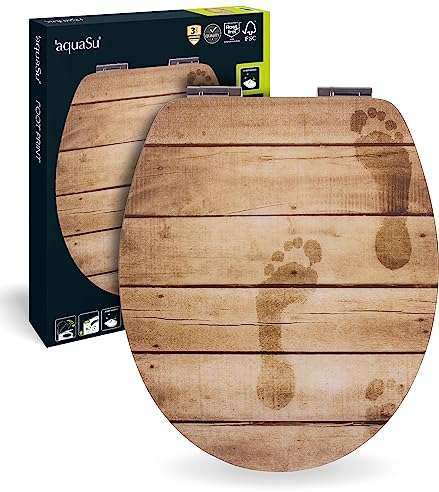'aquaSu® WC-Sitz mit Absenkautomatik, Holz Dekor Foot Print, High Gloss, Toilettensitz mit Holz-Kern, ovale O Form, mit Schnellbefestigung, Metallscharnier, Toilettendeckel Holz, glänzend, 40189 0