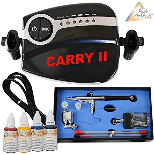 AirBrush Set CARRY II COLOR II para tu HOBBY con compresor de aerógrafo - set de pintura con aerógrafo AIRBRUSH GUN DOBLE ACCIÓN con boquillas de 0.2 0.3 0.5mm copa de gravedad + vidrio de aerógrafo