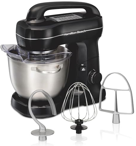 Hamilton Beach Electric Stand Mixer, 4 Quarts, Dough Hook, Flat Beater Attachments, Splash Guard 7 Speeds with Whisk, Easy-Carry Top Handle, Black