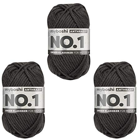 myboshi No.1 Wolle zum Häkeln und Stricken, Schnellstrickgarn, langlebige Mützenwolle, Strickwolle, Häkelwolle, mulesing-frei, 50g, Ll 55m Grau (Anthrazit) 3 Knäuel