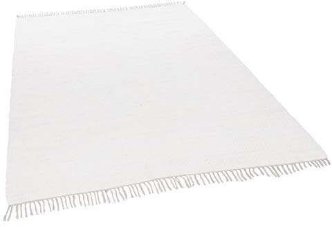 Theko | Dhurry Teppich aus 100% Baumwolle Flachgewebe Teppich Happy Cotton | handgewebt | Farbe: Weiß | 60x120 cm