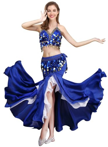 ELLYDOOR Belly Dance Costume Set for Women Belly Dance Crop Top Bra and Hip Scarf Slit Dance Skirt Halloween Outfit Royal Blue