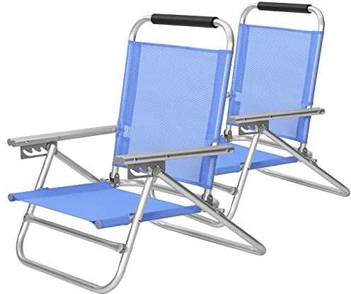 SONGMICS Bärbara strandstolar, set med 2, med 4-positioners liggande ryggstöd, hopfällbara strandstolar med armstöd, andningsbart och bekvämt tyg, utomhusstolar, blå GCB65BU02