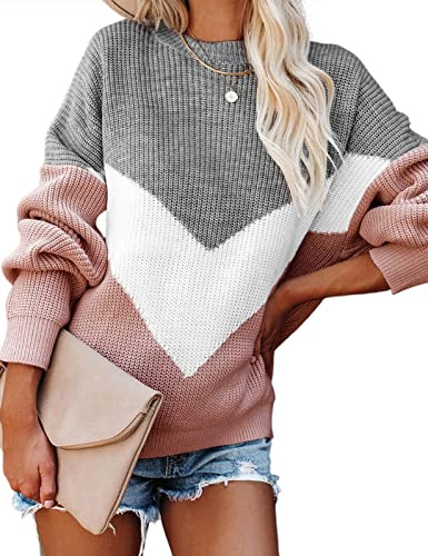 heekpek Maglione Oversize Donna Girocollo Invernale Maglione Lavorato a Maglia Donna con Pannello a Righe V Maniche Lunghe Casual Pullover per Autunno Inverno, Grigio, XL