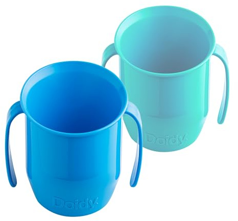 Doidy Cup, Open Cup for Training Baby 6 Months-3 Years, 200ml, Slanted Weaning Cup with Handles for Learning to Drink, BPA Free, 2 Pack (Blue/Turquoise)