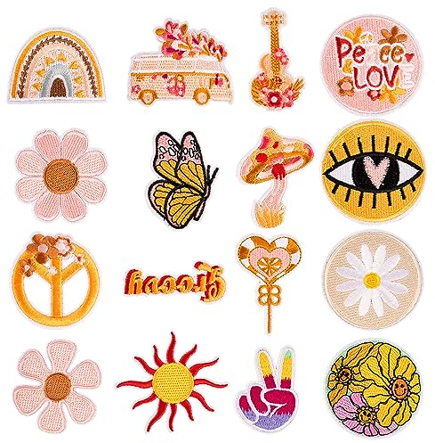 16PCS Bügel Patches,Hippie Aufnäher Aufbügeln Vintage Aufnäher,Textilien Patches Bestickte,DIY Accessories zum Aufbügeln Flicken,zum Aufbügeln Kinder für Jacken Hüte Rucksäcke Jeans