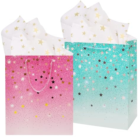 2Pcs Gift Bag 2 Colors Paper Party BagEquipped with 2 Pcs of ExquisiteTissue,Size：23 * 18 * 10cm Party Favor Bag with handles for Birthday Kids Wedding Baby Shower Christams